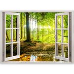murando - 3D Wall Illusion 140x100 cm - Wallpaper Mural Photo Print Window View Optical Illusion Design Wall Mural Art Print Wall Decoration Poster - Nature Forest Trees Lake Water Sun c-C-0084-c-a