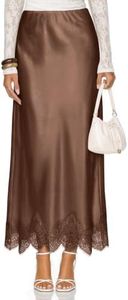 MEROKEETY Women's 2026 Fashion Satin Lace Trim Maxi Skirts, Coffee, L