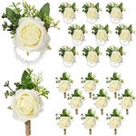 Sherr 20 Pcs Rose Wrist Corsage and Boutonniere Set Flower Wrist Corsage Wristlet Band Bracelet Bridegroom Men's Boutonniere Wedding Wristlet Hand Flower for Prom Party Bouquets (White)