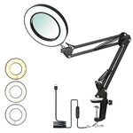 Tomshine Magnifying Desk Lamp with Clamp, 8X Magnifier Lamps 3 Colors & 10 Brightness Dimmable Magnifying Glass Led Lamp, 19 Inch Adjustable Swivel Arm Lamp Craft Light