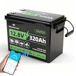 12V 320Ah LiFePO4 Battery Lithium Rechargeable with Bluetooth 200A BMS, Capacity ≥ 80% after 6000+ cycles, IP65, works from -10℃ to 55℃, for RV, Boat, Campervan, Backup Power, Home Energy Storage
