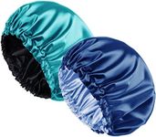 abzdfty Silk Satin Bonnet, Adjustable Double-Layer Reversible Silk Hair Wrap Bonnet for Sleeping and Shower, Soft and Comfortable Shower Cap, Pack of 2 (Green-Blue)