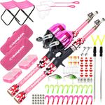 DaddyGoFish Kids Fishing Pole – Telescopic Rod & Reel Combo with Collapsible Chair, Rod Holder, Tackle Box, Bait Net and Carry Bag for Boys and Girls (2 Pack, Pink + Pink, 5.00)