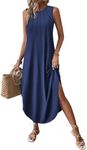 Zeagoo Womens Pleated Summer Dress Casual Sleeveless Beach Sundress Long Cotton Dresses for Women 2025 Comfy Casual Dress, Navy Blue,S