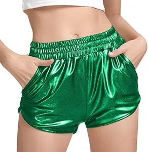MAKARTHY Women's Metallic Shorts Elastic Waist Shiny Sparkly Rave Pants (Dark Green, X-Small)