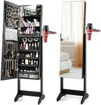 COSTWAY LED Lights Jewellery Cabinet, Floor Standing Lockable Jewelry Armoire with Full Length Mirror and Hairdryer Mount, Cosmetics Makeup Storage Organiser Unit (Black, with Lights Control Button)