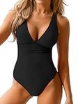 CUPSHE Women's One Piece Swimsuit Tummy Control Swimming Costume Wide Straps V Neck Ruched Textured Ribbed U Back Black S