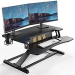 PUTORSEN Standing Desk Converter, 32'' Dual Tiered Sit-Stand Desk Riser with Keyboard Tray, Height Adjustable Computer Workstation with Cup Holder and Note Board up to 15kg, Black