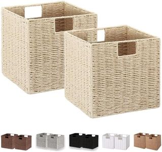 Vagusicc Wicker Storage Basket, Set of 2 Hand-Woven Paper Rope Storage Baskets, Foldable Cube Storage Organizer Bins, 11 Inch Wicker Storage Baskets for Shelves and Decor, Square Storage Basket, Beige