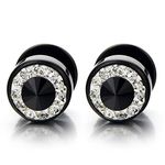 10mm Mens Black Stud Earrings Stainless Steel Illusion Tunnel Plug Screw Back with Cubic Zirconia, 2pcs