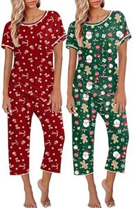 Ekouaer 2 Pack: Womens Pajamas Short Sleeve Sleepwear Tops and Capri Pants Pjs Print Pajama Sets, Christmas, X-Large