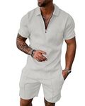 Hoefirm Men's Tracksuit Polo Short Sleeve Suit Set Zip Joggers Gym Top Casual Running Sport Sweat Activewear 2 Piece Suit Pants White XXL