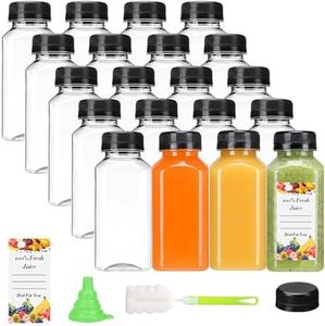 GRNupld 250ml Plastic Juice Bottles with Caps, 20pcs Reusable PET Square Bottles with Labels, Empty Clear Bulk Drink Containers with Tamper Evident Lids for Water, Milk, Beverages, Freezer Safe