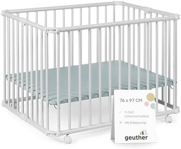 Geuther Laufstall Lucilee | Baby Laufgitter 76x97 cm aus Buchenholz – 3-fach höhenverstellbar ohne Werkzeug | TÜV Rheinland geprüft | klappbar & mobil auf Rollen | Made in Germany | Playpen Weiß