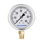 MEASUREMAN 2-1/2" Dial Size, Glycerin Filled Plumbing Pressure Gauge, 0-60psi, Stainless Steel Case, 1/4" NPT Lower Mount