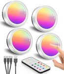 Rechargeable RGB Puck Lights with Remote Control, 1600mAh Battery Stick On Lights for Under Cupboard Touch Light LED Coloured Kitchen Cabinet Lights Magnetic USB Spot Light for Display Shelf Bookcase