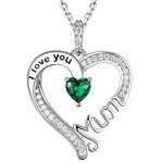 GinoMay Jewellery for Mothers Day I Love You Mum Necklace Birthday Gifts May Birthstone Emerald Heart Pendant Mum Wife 925 Sterling Silver