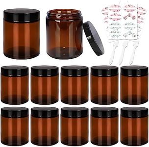 8 oz Amber Glass Jars with Lids,12 Pack Empty Cosmetic Containers with Inner Liners and Black Lids,Refillable Round Cream Jars for Lotion