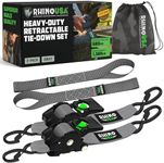 Rhino USA Retractable Ratchet Tie Down Straps (2PK) - 1,360kg Guaranteed Max Break Strength, Includes (2) Ultimate 5 cm x 3 m Autoretract Tie Downs with Padded Handles - Grey