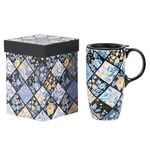 DUSVALLY Ceramic Mug Coffee Cup with Sealed Lid and Gift Box Latte Mug with Handle for Home and Office 17oz.Blue and Yellow Flower