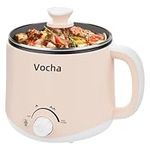 Vocha Electric Hot Pot with Keep Warm Function, 1.6L Non-Stick Electric Skillet, Portable Travel Cooker, Mini Multi-Cooker for Pasta Noodles, Soup, Boiled Eggs, Vegetables, Meat (Beige)