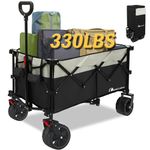 Moon Lence Collapsible Folding Wagon Cart Heavy Duty Folding Garden Portable Hand Cart with All-Terrain Beach Wheels, Adjustable Handle & Drink Holders (Black)