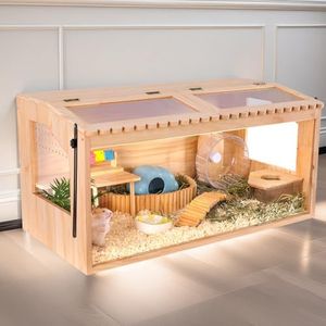 Wooden Hamster Cage, 32"x16"Guinea Pig Cage, Small Animal Cage for Dwarf Syrian Hamsters Degus Mice & Other Small Pets. Large Hamster cage with 2 Openable Door & Lace Window