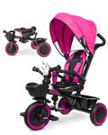 KRIDDO 7-in-1 Tricycle Stroller for Toddlers 18 Months to 5 Years, Adjustable Push Handle, Rotatable Seat, Cup Holder and Retractable Canopy, Folding Baby Trike w/Detachable Guardrail, Footrest, Pink