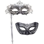 IETANG Couple Mask Half Venetian Masquerade Ball Mask Party Costume Accessory (on Stick-silver+black)