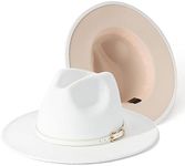 Lisianthus Women White Fedora Wide Brim Panama Hats with Color Belt Buckle (White & Creamy/White Belt)