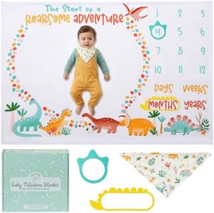 Bliss n' Baby Monthly Milestone Blanket for Baby Boys & Girls - 60"x40" - Wrinkle Free Newborn Age Month Blanket with Growth Chart - Washable & Dryable - w/Frames & Bib - Dinosaur Theme Baby Gift Set