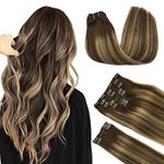 DOORES Hair Extensions Real Human Hair, Balayage Chocolate Brown to Caramel Blonde 18 Inch 150g 9pcs, Real Hair Extensions Clip in Human Hair Remy Clip in Hair Extensions Human Hair Natural