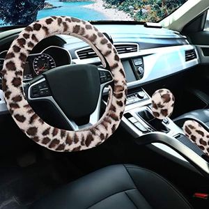 Fuzzy Steering Wheel Cover for Women Girls, Accmor Universal Fit 15 inch Fur Car Wheel Cover & Handbrake Cover & Gear Shift Cover Set, Fashion Leopard Winter Warm Fluffy Vehicle Wheel Protector