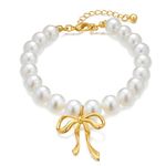 WOWORAMA Pearl Bow Bracelet for Women Simulated Baroque Pearl Bracelet Adjustable Gold Pearl Bracelets Summer Bracelet Jewelry, Adjustable, Brass, Pearl