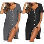 Ekouaer Womens Button Nightgown 2 Pack Soft Nightshirt Short Sleeve Pajama Dress Sleepwear Nightdress Black & Grey XXX-Large