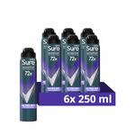 Sure Men Nonstop Protection Active Dry Antiperspirant Deodorant with Body Heat Activated technology Spray for 72-hour odour and sweat protection 6x 250 ml
