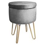 BONTEC Velvet Dressing Table Stool, Round Vanity Stool with Storange, Bedroom Ottoman Stool with Metal Legs for Home Living Room Fitting Room Bedroom (Gray)