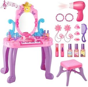Vanity Makeup Table Toy for Kids, Toddler Girl Pretend Play Makeup Accessories- Princess Dress Up Set, Music Piano & Lights, Adjustable Mirror, Hairdryer, Mermaid Table & Chair Kit, Birthday Gift