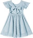 Beganly Toddler Girls Lace Dress Baby Kids Tie Back Bow Pom Pom Ruffle Sleeve Backless Party Princess Dresses, Blue, 3 Years