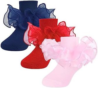 Witwot Toddler Girl Socks with Ruffle Dress Socks 7-9 Years Navy-Red-Pink