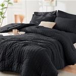 HYMOKEGE Black Queen Comforter Set Seersucker 7 Pieces, All Season Luxury Bed in a Bag for Bedroom, Bedding Set with Comforters, Sheets, Pillowcases & Shams