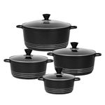 Bargain Shack Die Cast Stockpot Set - Aluminium 4Pcs Non Stick Coating Cooking Pot -Induction Stock Pot with Tempered Glass Lid with Steam Vent (20-24- 28-32 cm) (4 Pcs, Black)