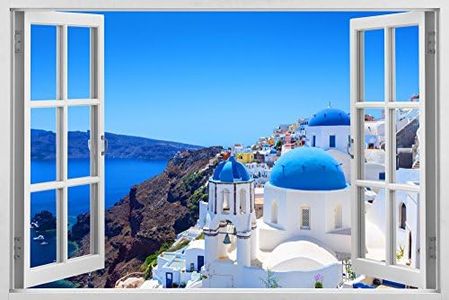 Mi Alma Huge 3D Vinyl Wall Decal Decal, White Window Frame Style Home Décor Art Removable Wall Decal, 33.5"x 45" (Greece White Houses Seaview)