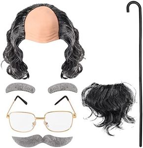 Keymall Old Man Wig and Mustache Set Grandpa Costume Accessories Kit with Grey Wig Fake Beard Eyebrows Cane Glasses for Men Adults Teens (Bald Wig Set)