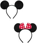 2 Pieces Black Mouse Ears on Alice Band, one with Red and White Polkadot Spotted Bow for Adults/Children Fancy Dress Costume Head Band Accessory Party Decoration Gift - Pack of 2