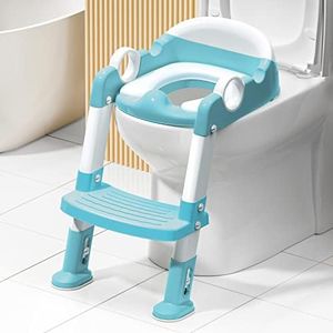 Potty Training Toilet Seat with Step Stool Ladder for Boys and Girls,Toddler Kid Children Toilet Training Seat Chair with Handles,Height Adjustable,Non-Slip Wide Step(Blue)
