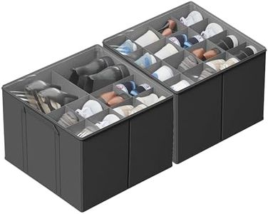 SUOCO 2 Pack Shoe Organizer for Closet, Fits up to 32 Pairs, Small Space Shoe Storage Boxes Bins Containers w/Adjustable Dividers and Clear Top, Grey