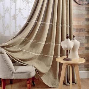 VOGOL Modern Style Bedroom Curtains, Extra Long Thermal Insulated Grommet Drapes for Living Room, Strip Embroidered Faux Linen Curtain Panels, 2 Pieces, 60 x 106 Inches, Brown