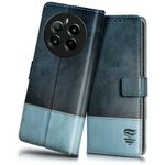 FLIPPED Vegan Leather Flip Case Back Cover for Realme Narzo 70 | Realme Narzo 70 Pro | Realme 12 Plus | P1 5G (Shock Proof | Hand Stitched Finish | Card Pockets Wallet & Stand | Blue with Aquamarine)