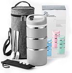 Lille Home 1380ml Stackable Stainless Steel Thermal Compartment Lunch Box, 3-Tier Insulated Bento/Food Container with Upgraded Lunch Bag, Portable Cutlery Set and Silicone Seals (Gray)